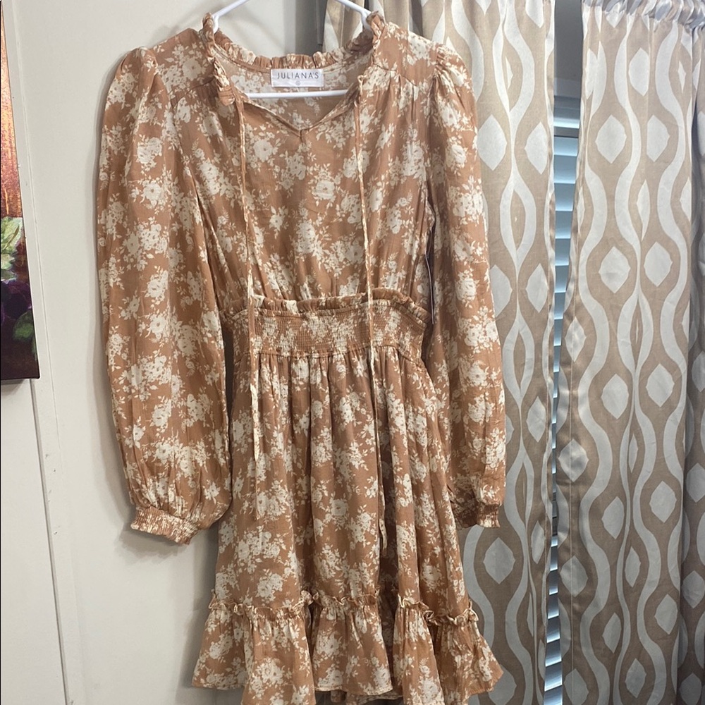 Cream and Brown V-Neck Sundress with Bishop Sleeves